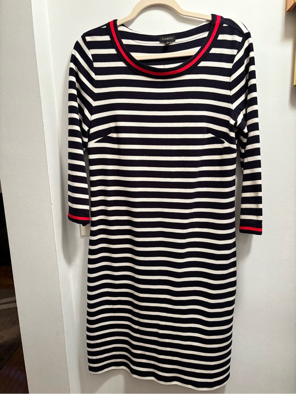 Talbots Navy & White Striped Long-Sleeve Knit Dress with Red Trim